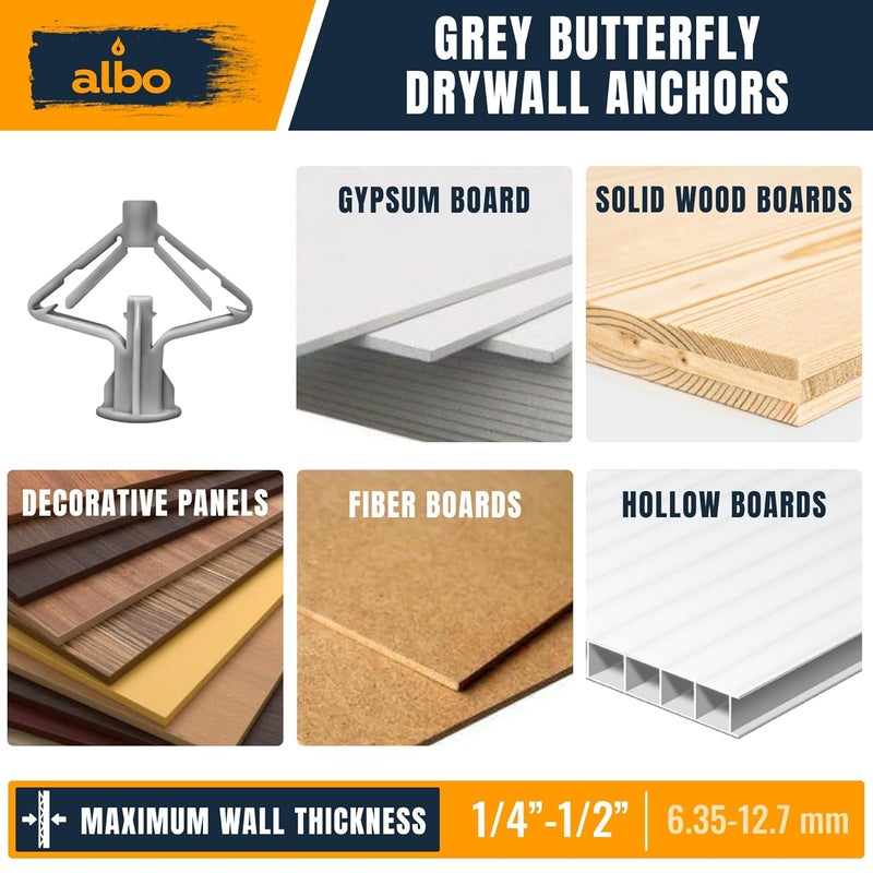 ALBO Drywall Anchor Kit Hollow Wall with Screws 100 pcs. (Grey Anchor 50pcs + Screws 50pcs) Plastic Hollow Wall Drilling Anchors - Image 4